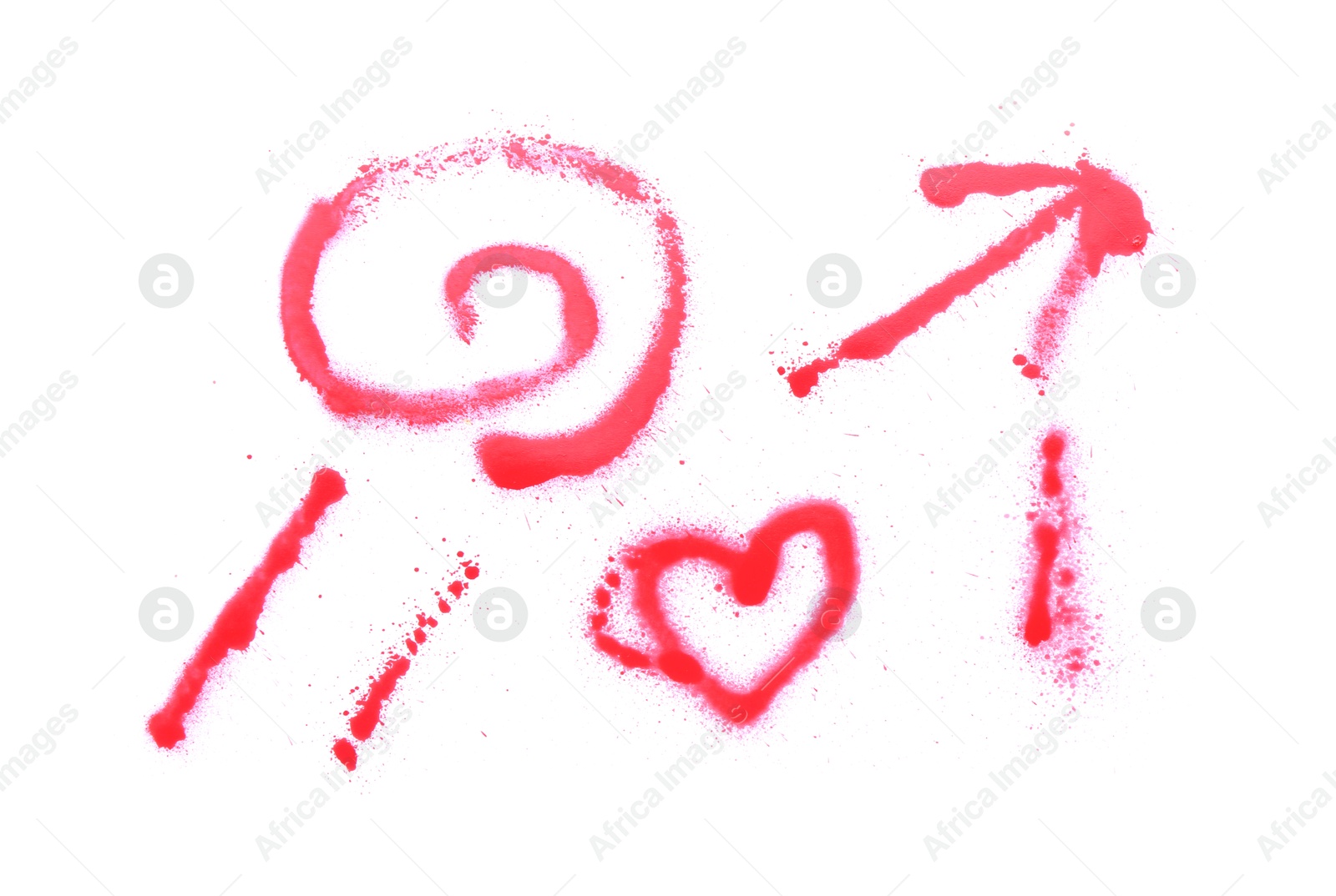 Photo of Different symbols made with red spray paint isolated on white, top view