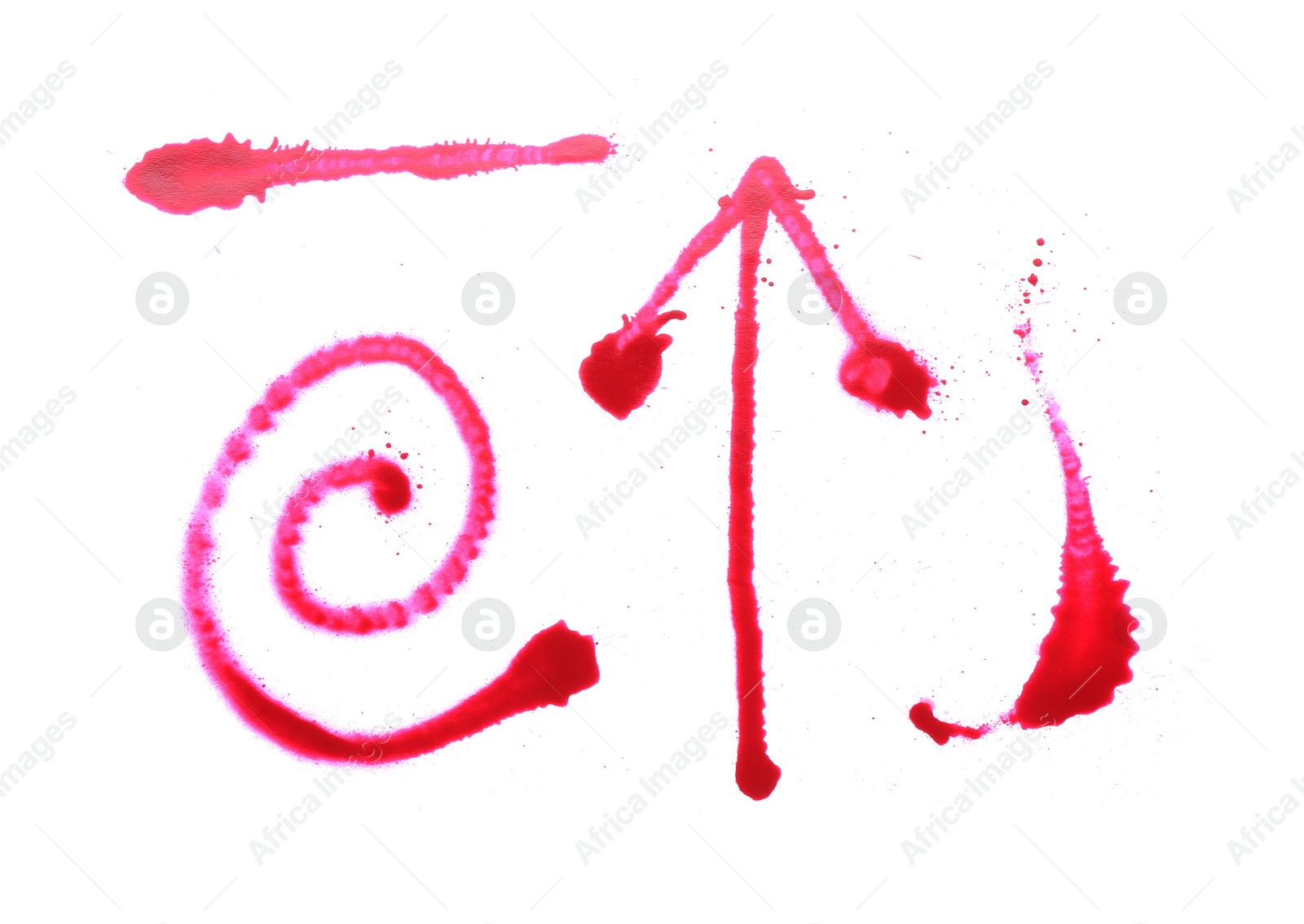 Photo of Different symbols made with red spray paint isolated on white, top view