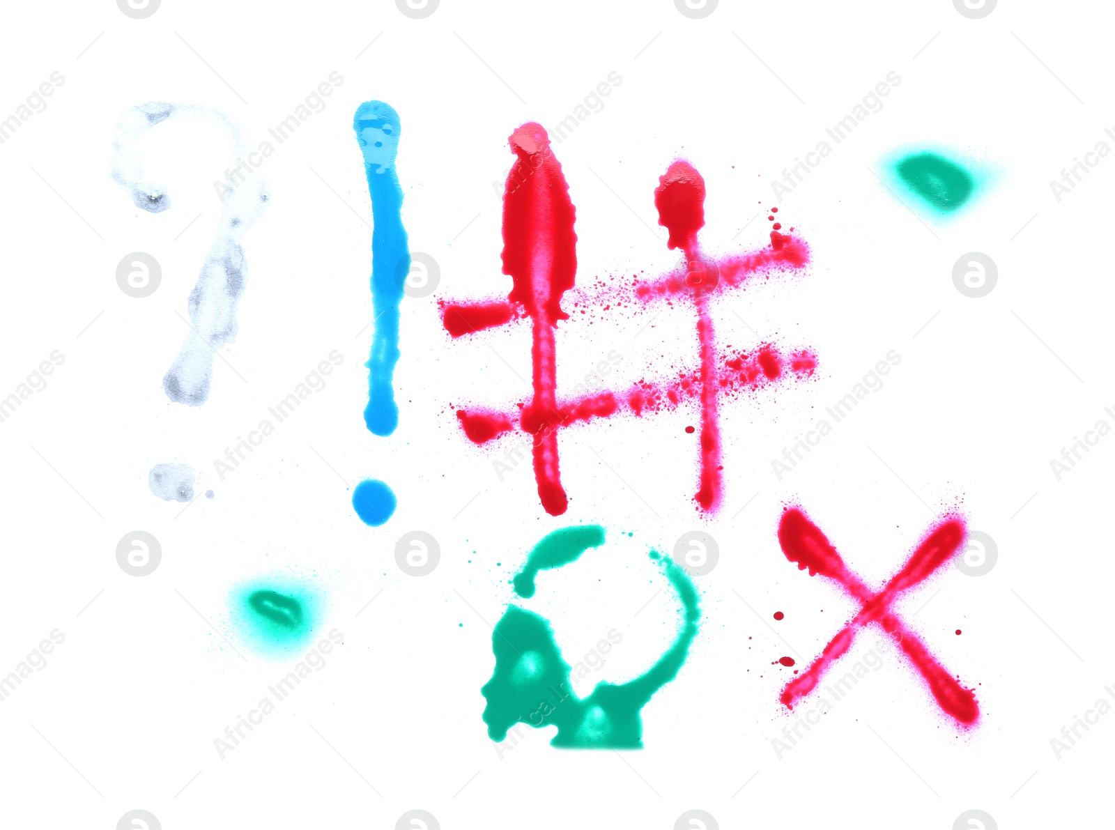 Photo of Different symbols made with spray paint isolated on white, top view