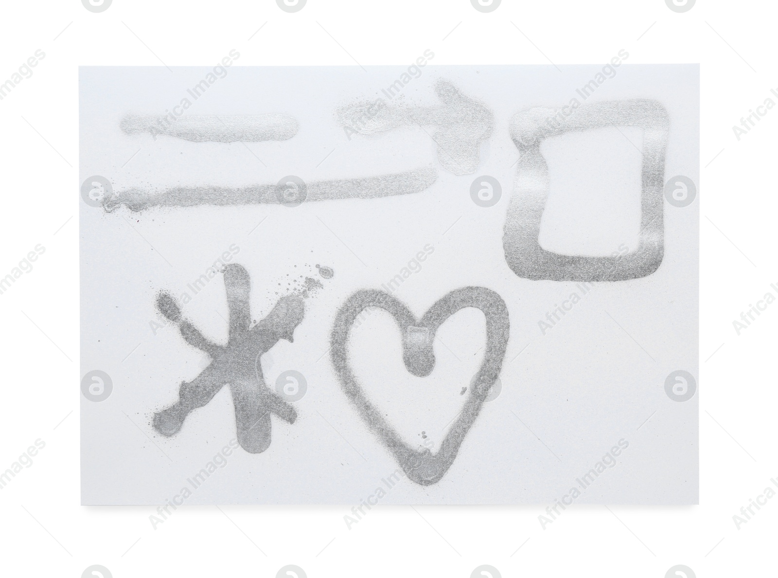 Photo of Different symbols made with silver spray paint isolated on white, top view