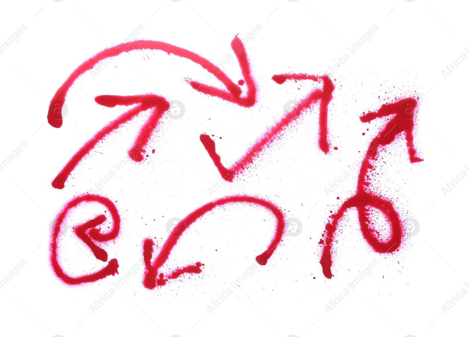 Photo of Different arrows made with red spray paint isolated on white, top view