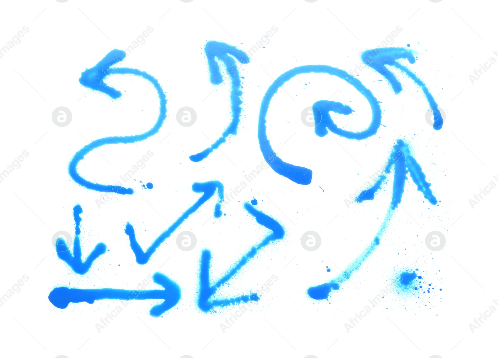 Photo of Different arrows made with light blue spray paint isolated on white, top view