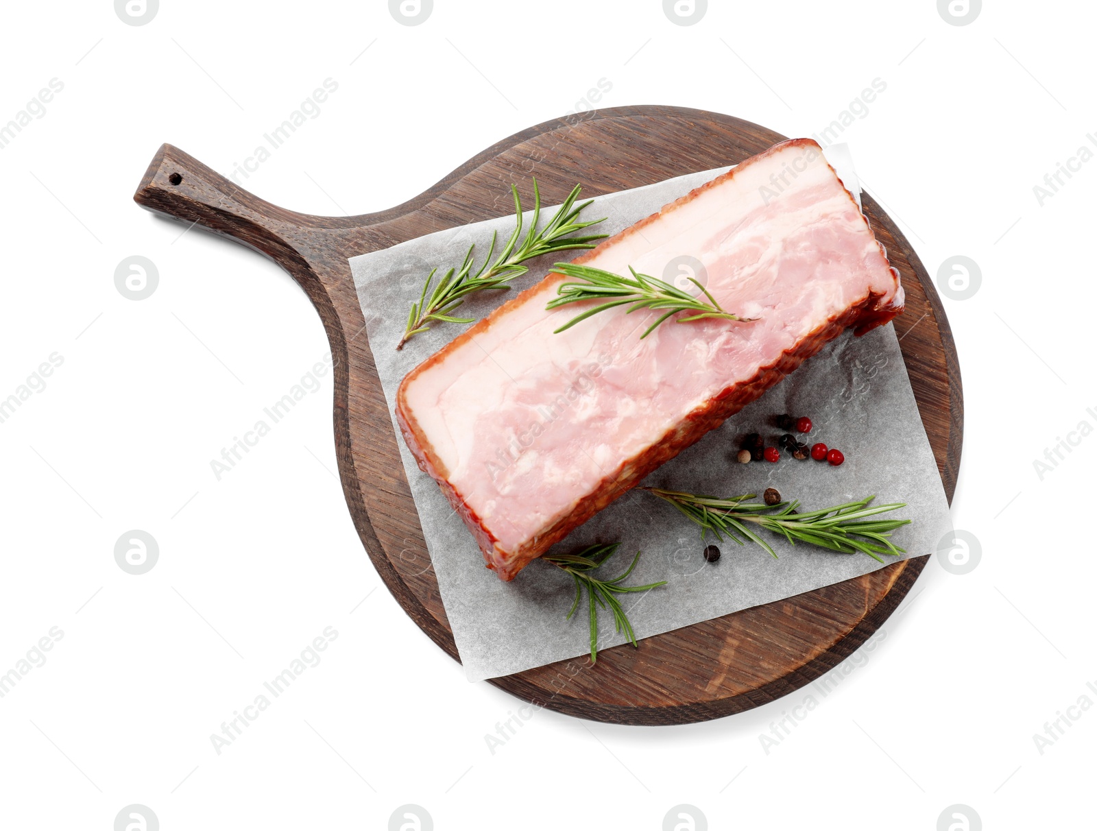 Photo of Piece of raw bacon, rosemary and peppercorns isolated on white, top view