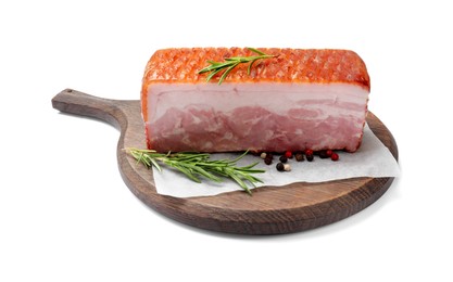 Piece of raw bacon, rosemary and peppercorns isolated on white