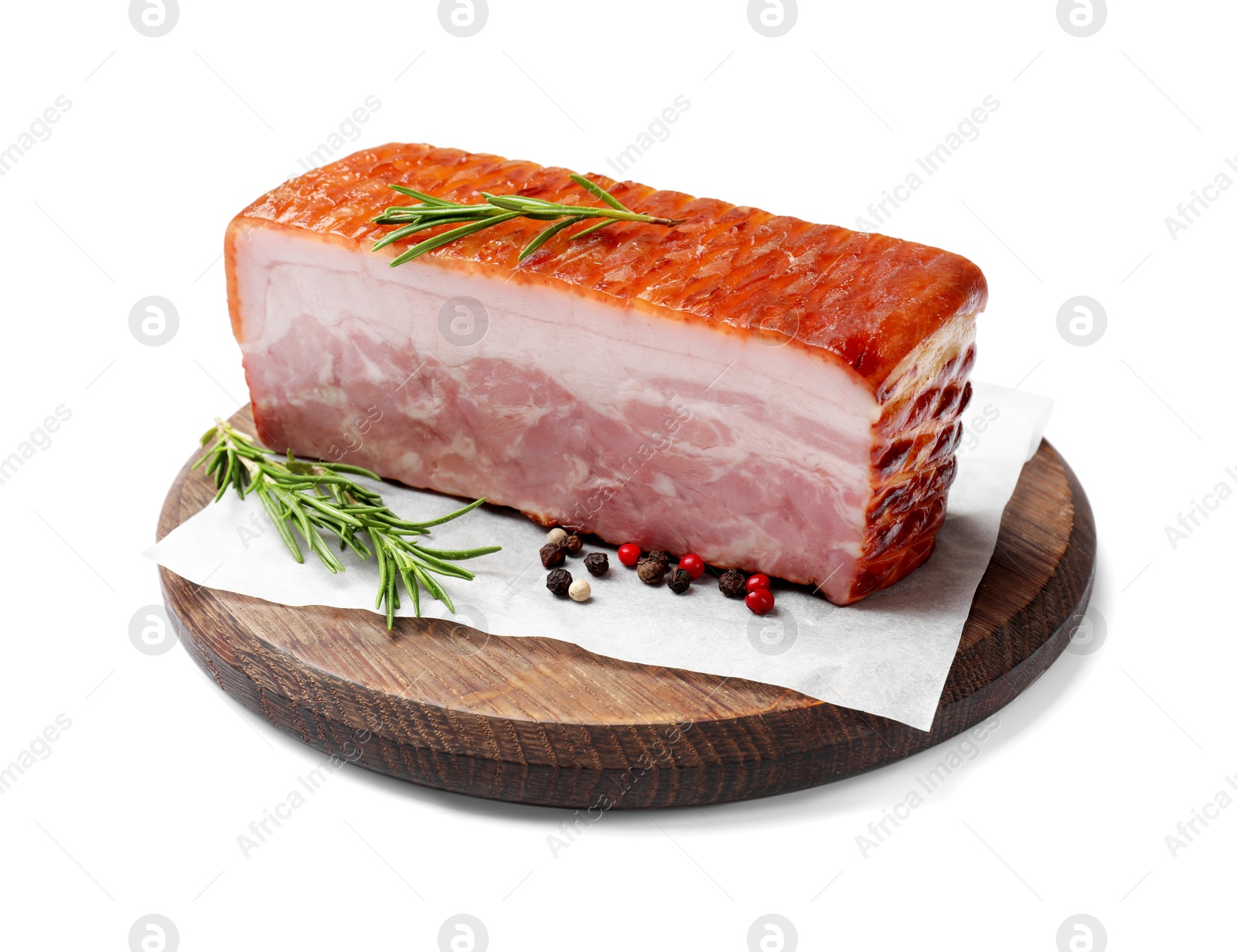 Photo of Piece of raw bacon, rosemary and peppercorns isolated on white