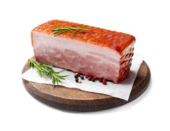 Piece of raw bacon, rosemary and peppercorns isolated on white