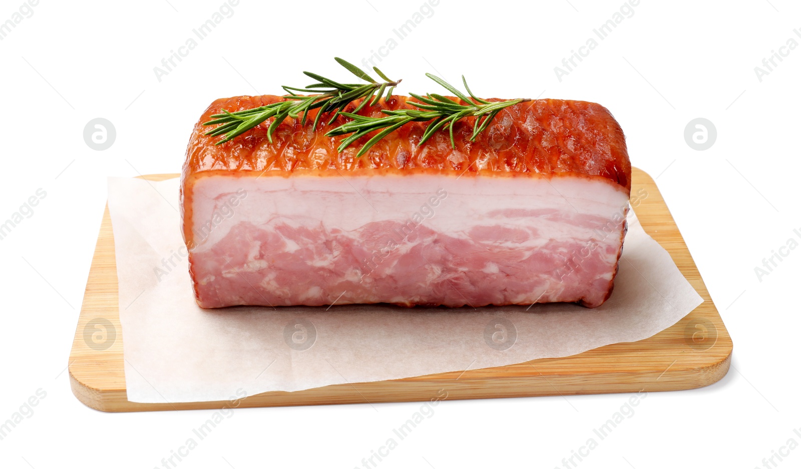 Photo of Piece of raw bacon and rosemary isolated on white