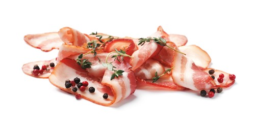 Photo of Slices of raw bacon, microgreens and peppercorns isolated on white