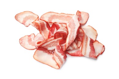 Photo of Slices of raw bacon isolated on white, top view