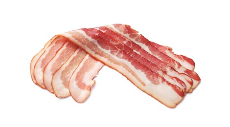 Slices of raw bacon isolated on white, top view