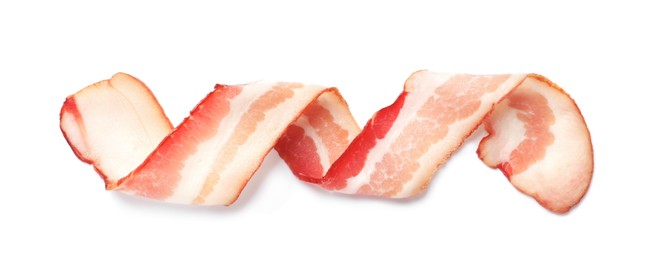 Slice of raw bacon isolated on white, top view