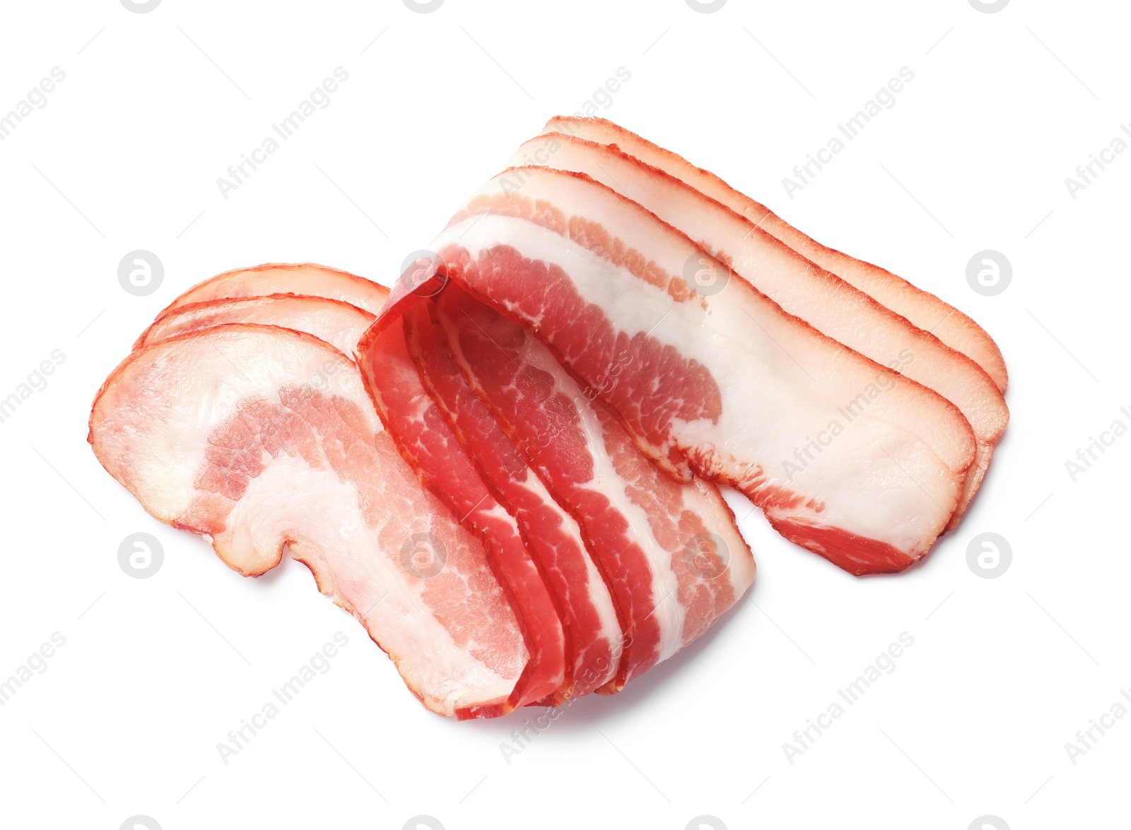 Photo of Slices of raw bacon isolated on white, top view