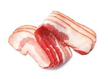 Slices of raw bacon isolated on white, top view