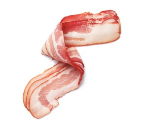 Photo of Slices of raw bacon isolated on white, top view