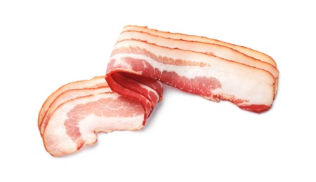 Photo of Slices of raw bacon isolated on white, top view