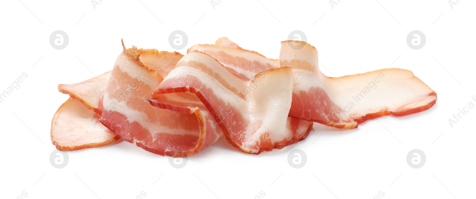 Photo of Slices of raw bacon isolated on white