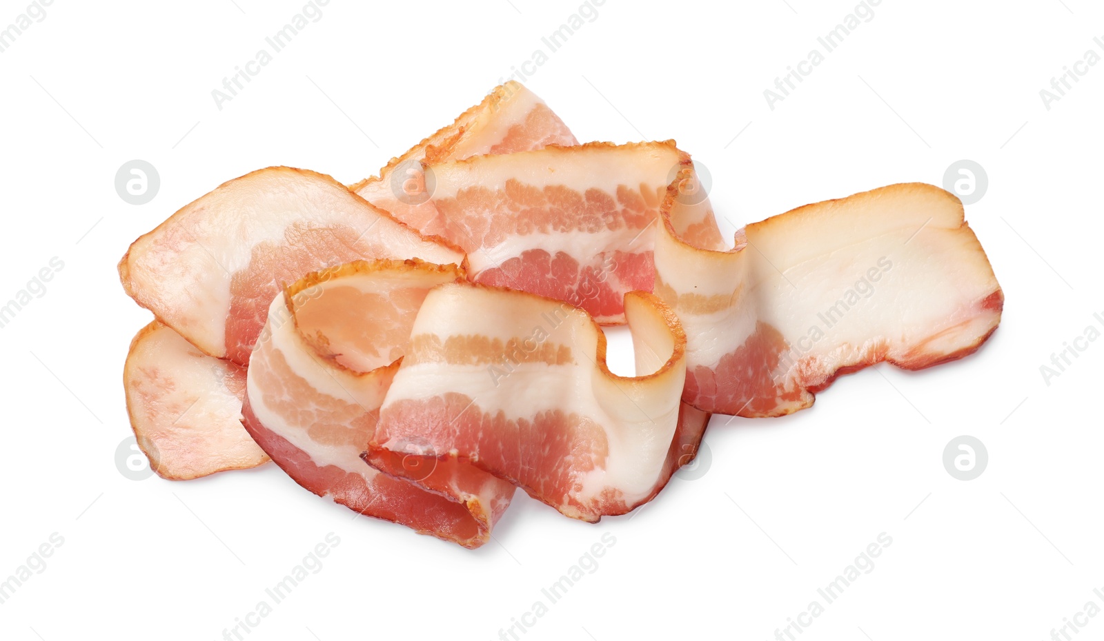 Photo of Slices of raw bacon isolated on white, top view