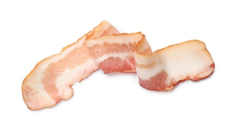 Photo of Slice of raw bacon isolated on white, top view