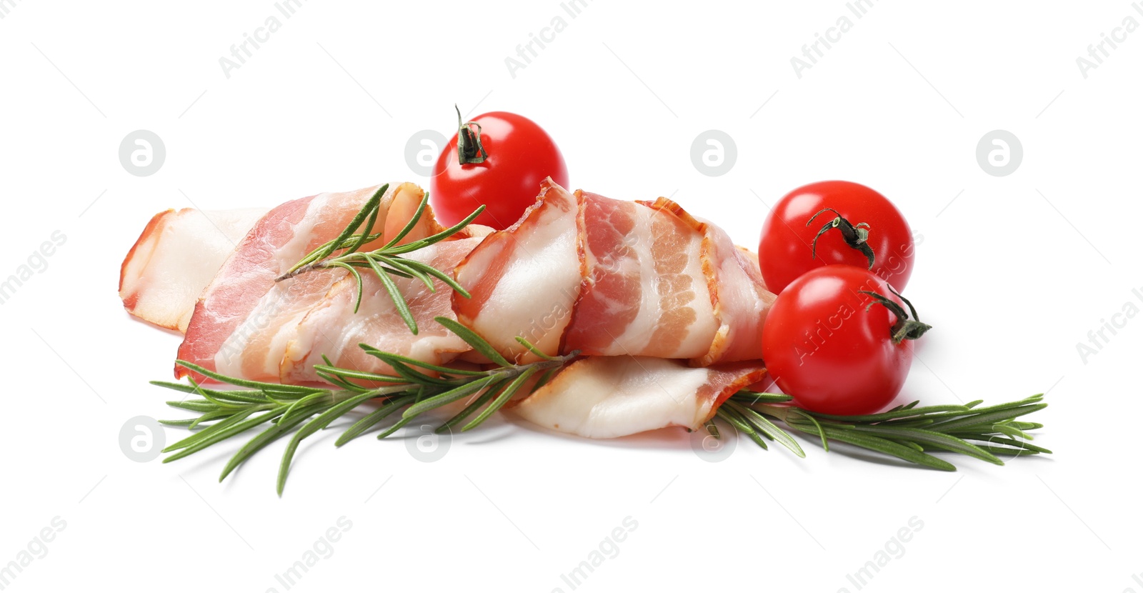 Photo of Slices of raw bacon, rosemary and tomatoes isolated on white