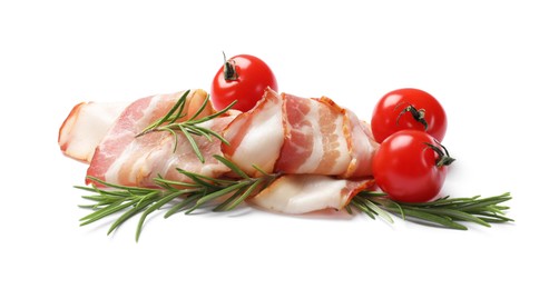 Photo of Slices of raw bacon, rosemary and tomatoes isolated on white