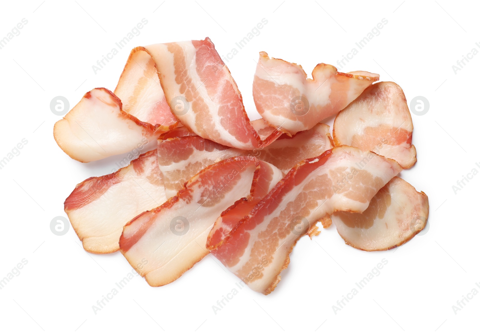 Photo of Slices of raw bacon isolated on white, top view