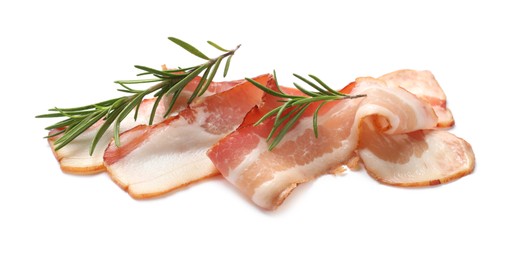 Photo of Slices of raw bacon and rosemary isolated on white