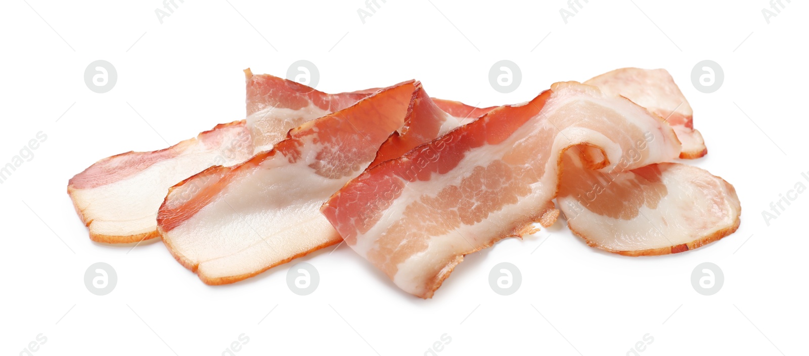 Photo of Slices of raw bacon isolated on white