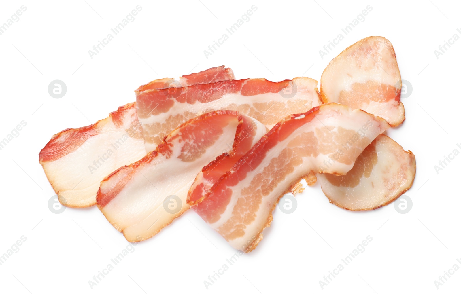 Photo of Slices of raw bacon isolated on white, top view