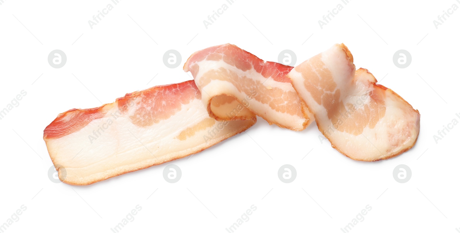 Photo of Slice of raw bacon isolated on white, top view