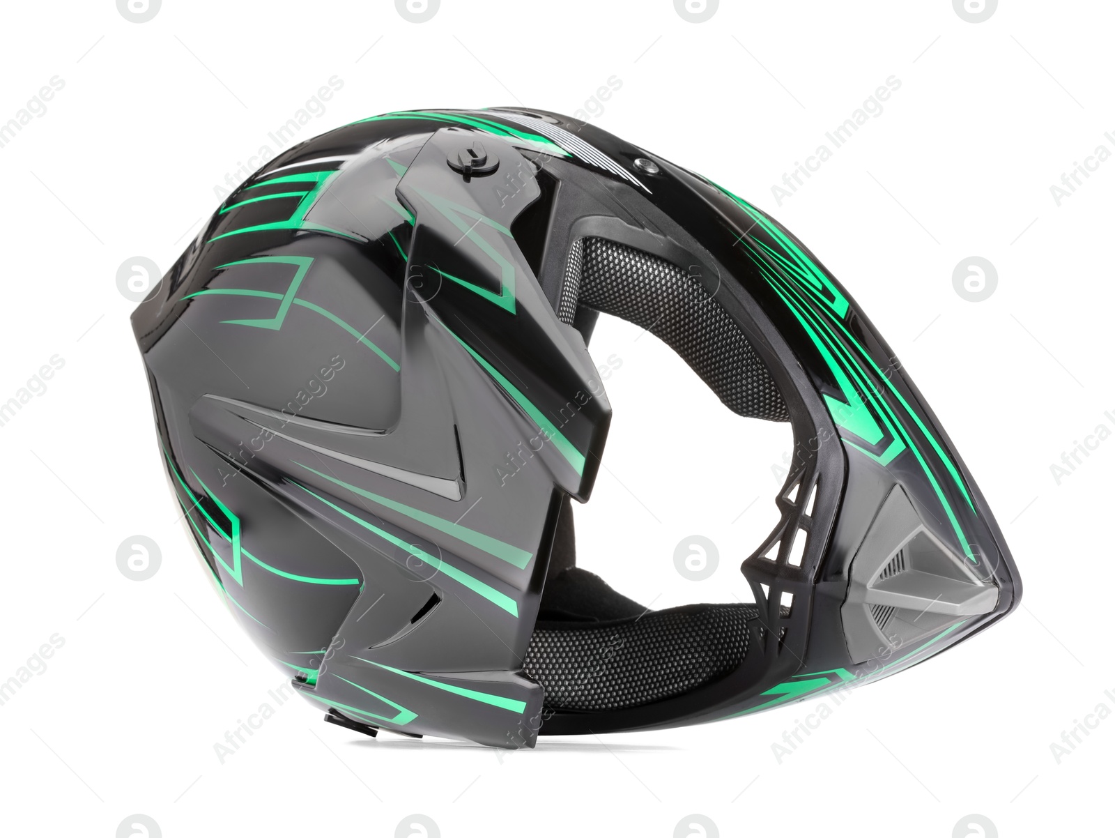 Photo of Modern motorcycle helmet with visor isolated on white