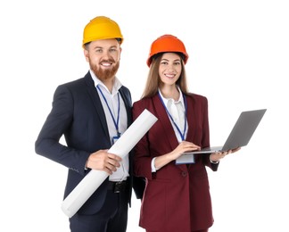 Photo of Engineers in hard hats with laptop and draft on white background