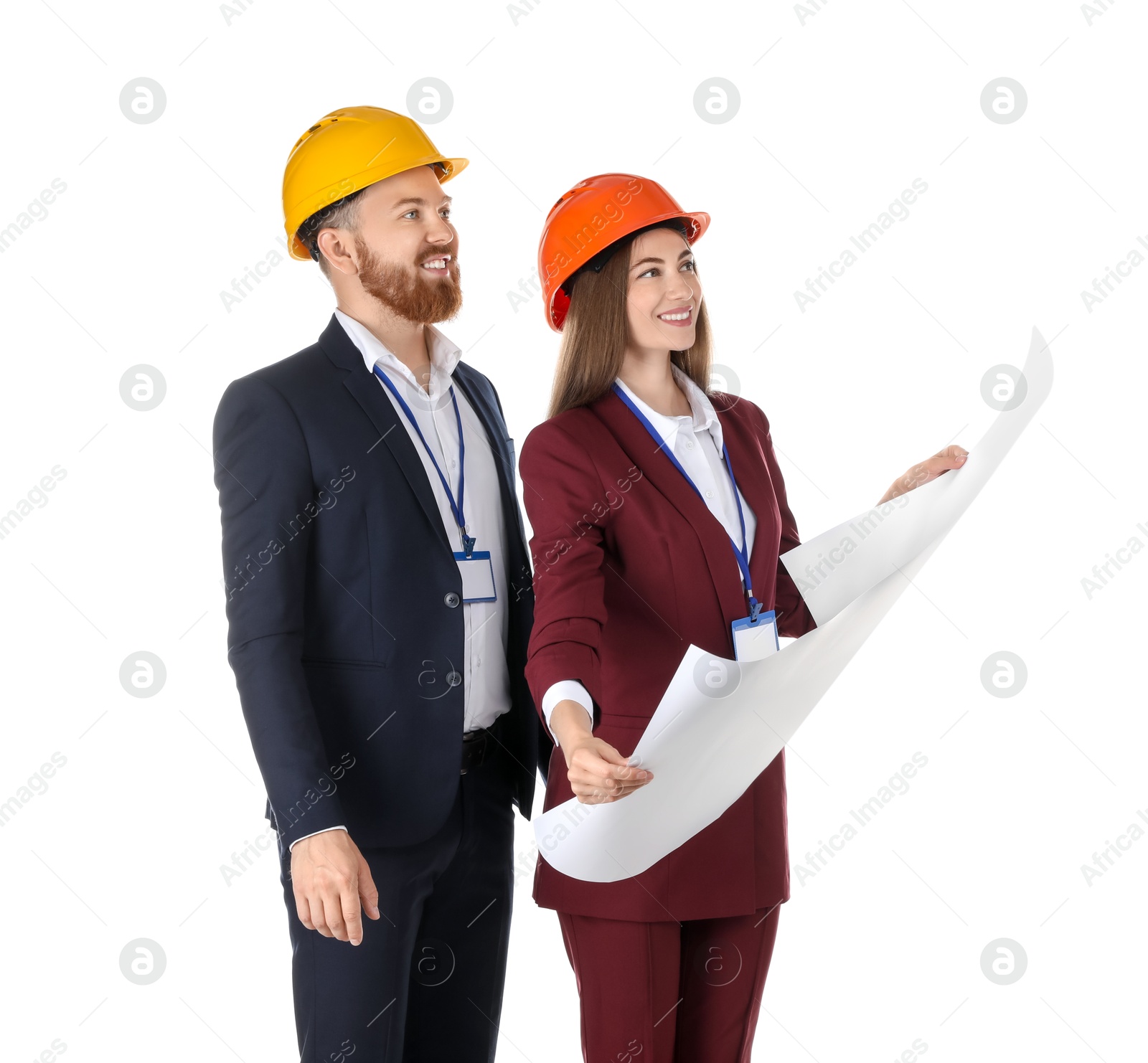 Photo of Engineers in hard hats with draft on white background