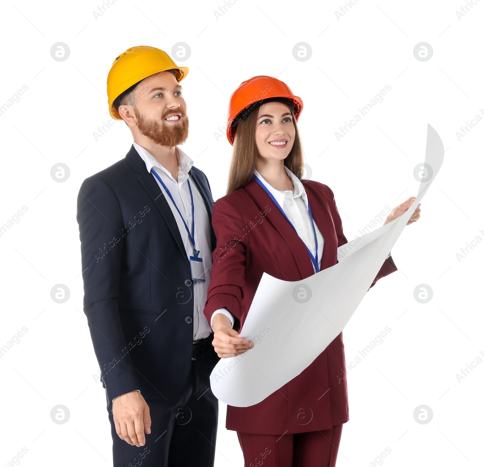 Photo of Engineers in hard hats with draft on white background