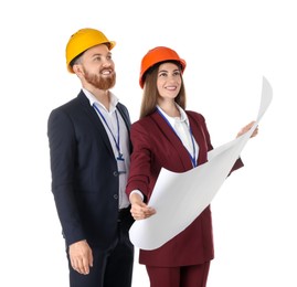 Engineers in hard hats with draft on white background