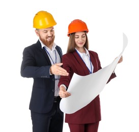 Engineers in hard hats with draft on white background