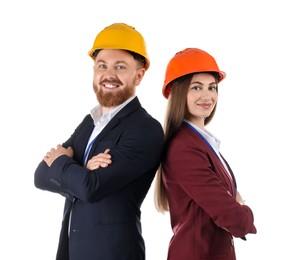 Engineers in hard hats on white background