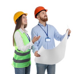 Photo of Engineers in hard hats with draft on white background