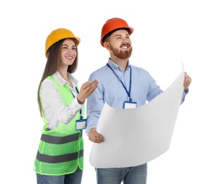 Photo of Engineers in hard hats with draft on white background