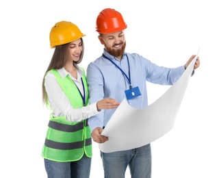 Photo of Engineers in hard hats with draft on white background