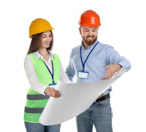 Photo of Engineers in hard hats with draft on white background