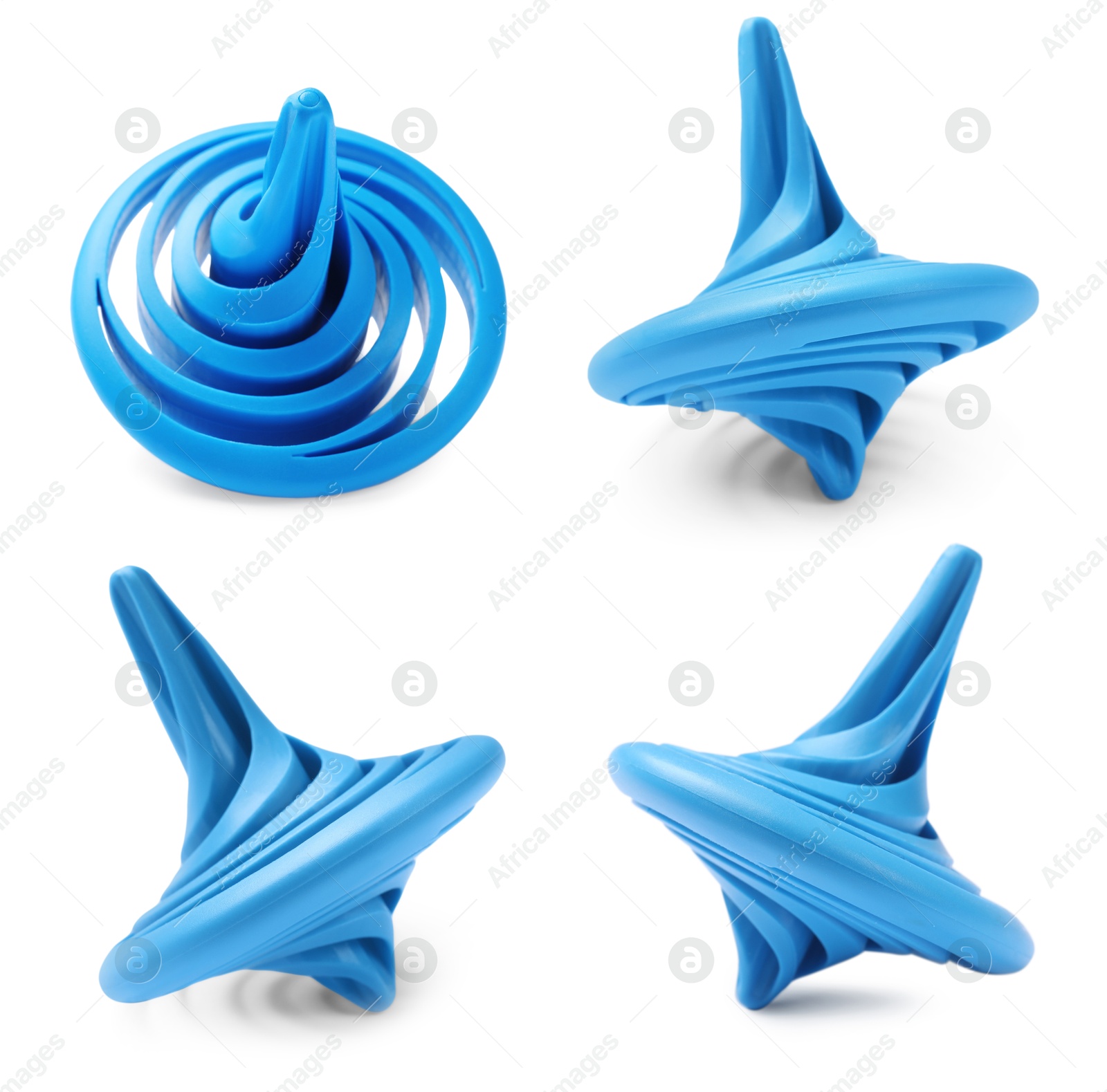 Image of Light blue spinning top isolated on white, collage