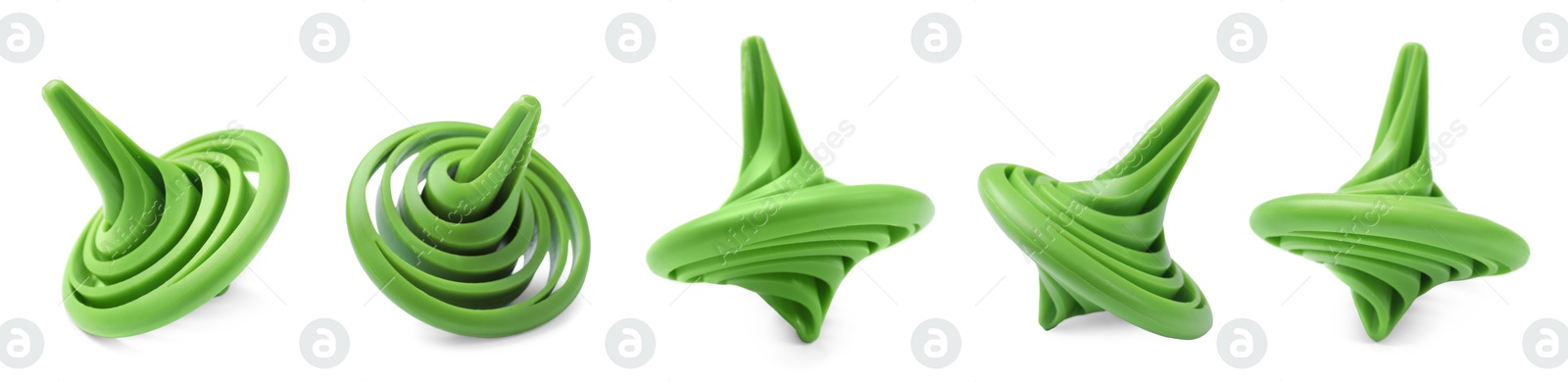 Image of Green spinning top isolated on white, collage