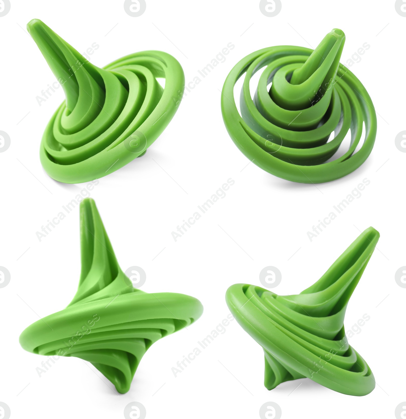 Image of Green spinning top isolated on white, collage