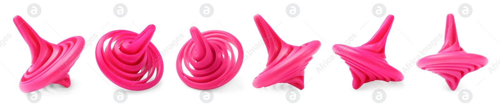 Image of Bright pink spinning top isolated on white, collage