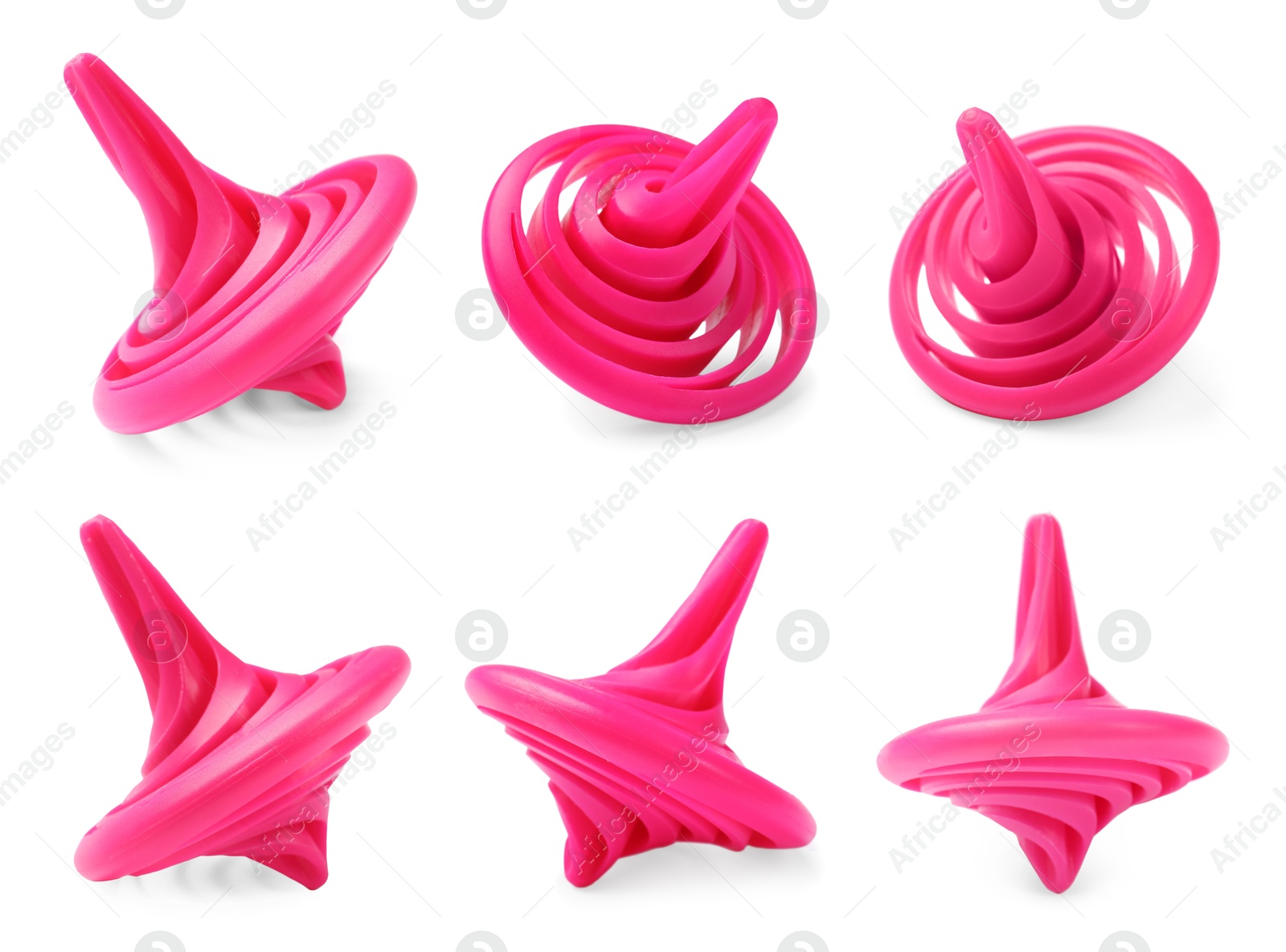 Image of Bright pink spinning top isolated on white, collage