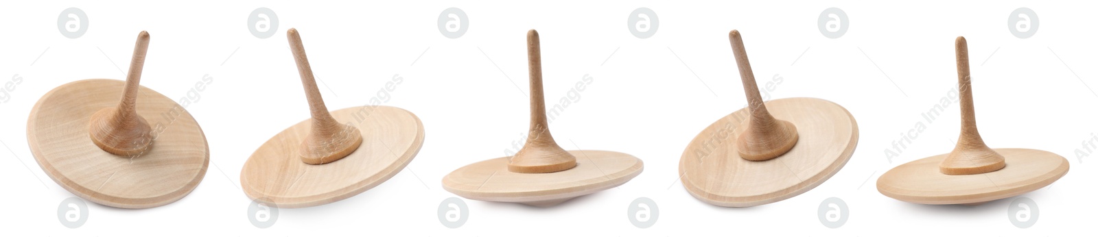 Image of Wooden spinning top isolated on white, collage