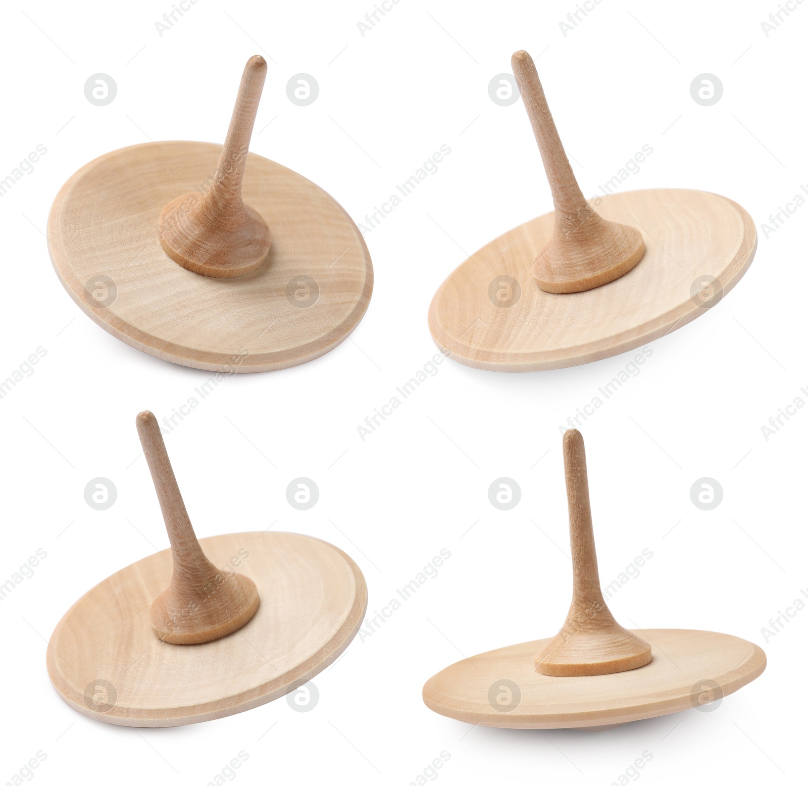 Image of Wooden spinning top isolated on white, collage