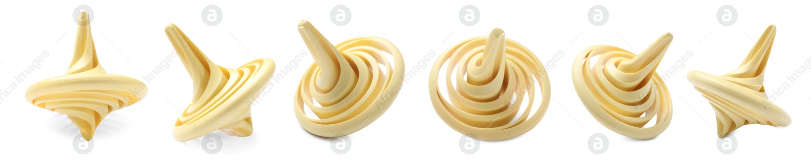 Image of Beige spinning top isolated on white, collage