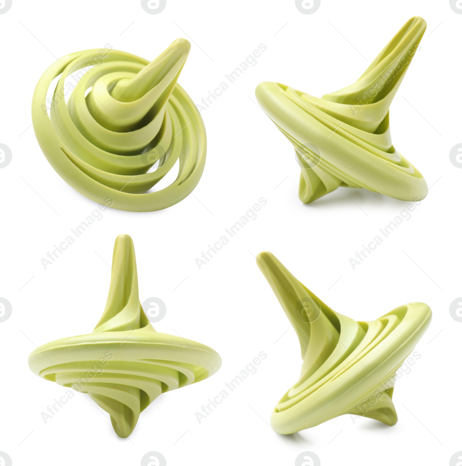 Image of Light green spinning top isolated on white, collage