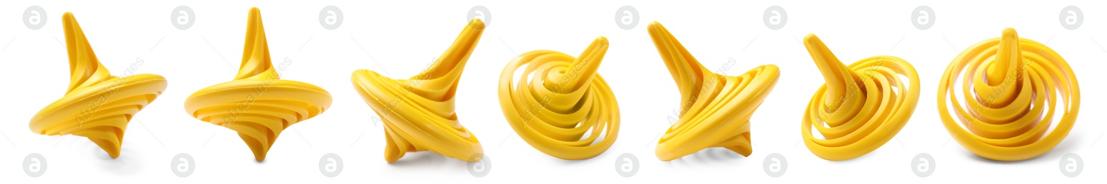 Image of Yellow spinning top isolated on white, collage